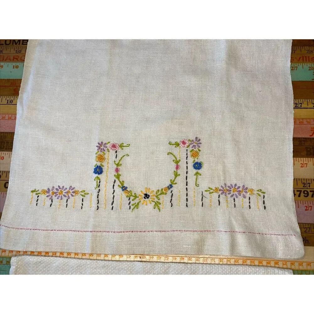 VINTAGE Hand Embroidered Tea Guest Towels Dresser Scarfs LINEN Floral Lot of 3